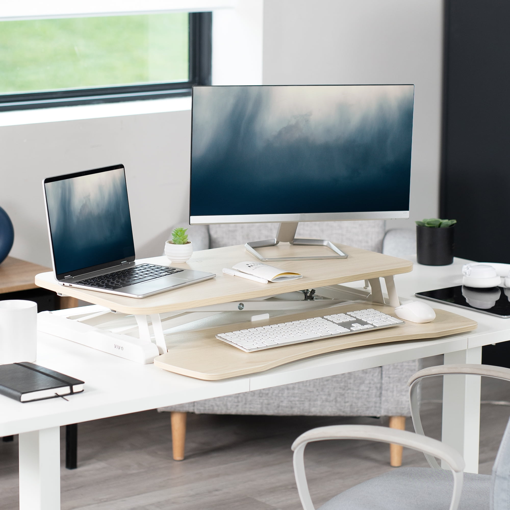 VIVO Light Wood Standing 32" Desktop Monitor Riser, White Frame