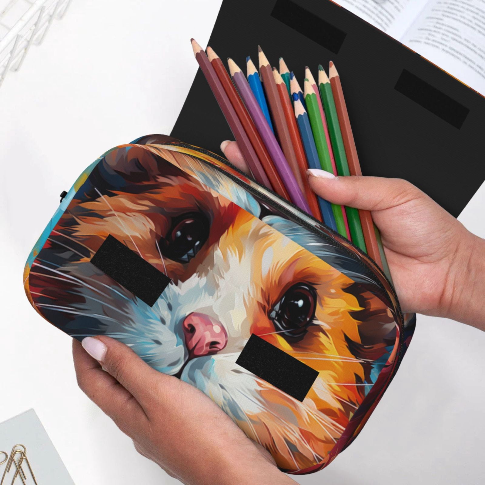 Rateoe Oil Painting Colorful Hamster Pattern Double Clamshell Pen Case, Storage Organizer with Two Zipper Compartments– Holds Up to 50 Pencils & Pens