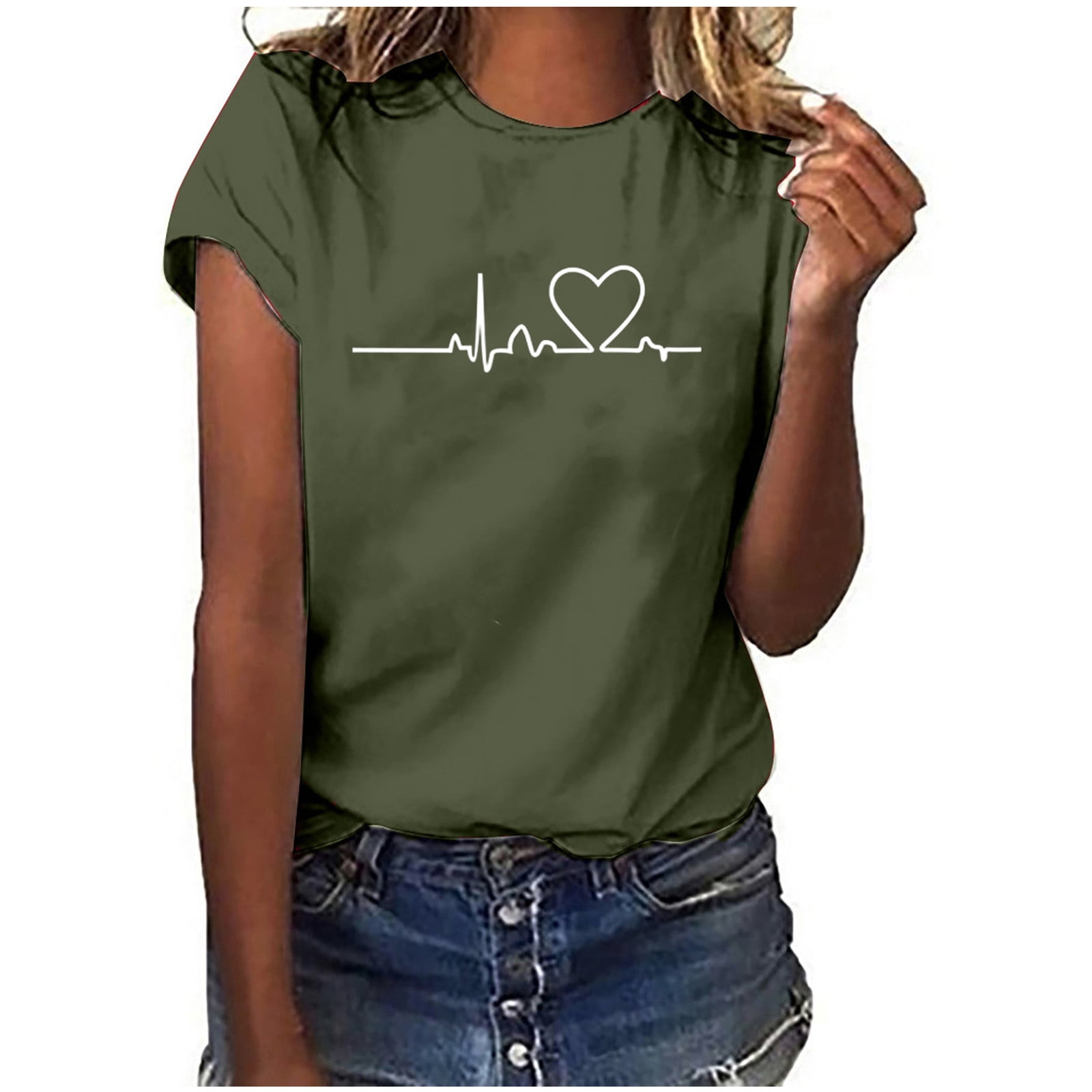 VgaVtl Green Womens Clearance Under $5.00 Short Sleeve Crew Neck T-Shirt Print Casual Loose Tops