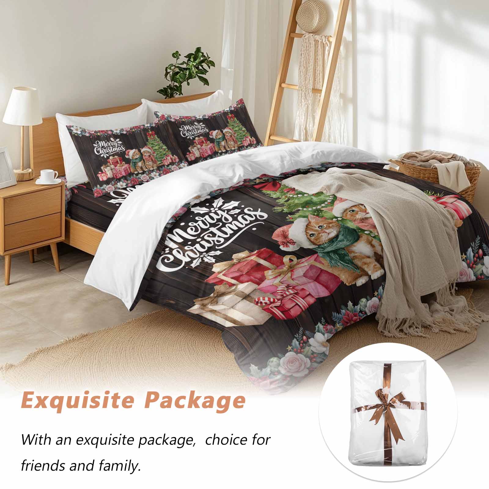 Christmas Bedding Duvet Cover Set Twin Size 4 Pieces Winter Xmas Cats Trees Gifts Flowers Brown Woods Bedding Set with Zipper Closure, 1 Comforter Cover 68x86 Inches 1 Flat Sheet & 2 Pillow Cases