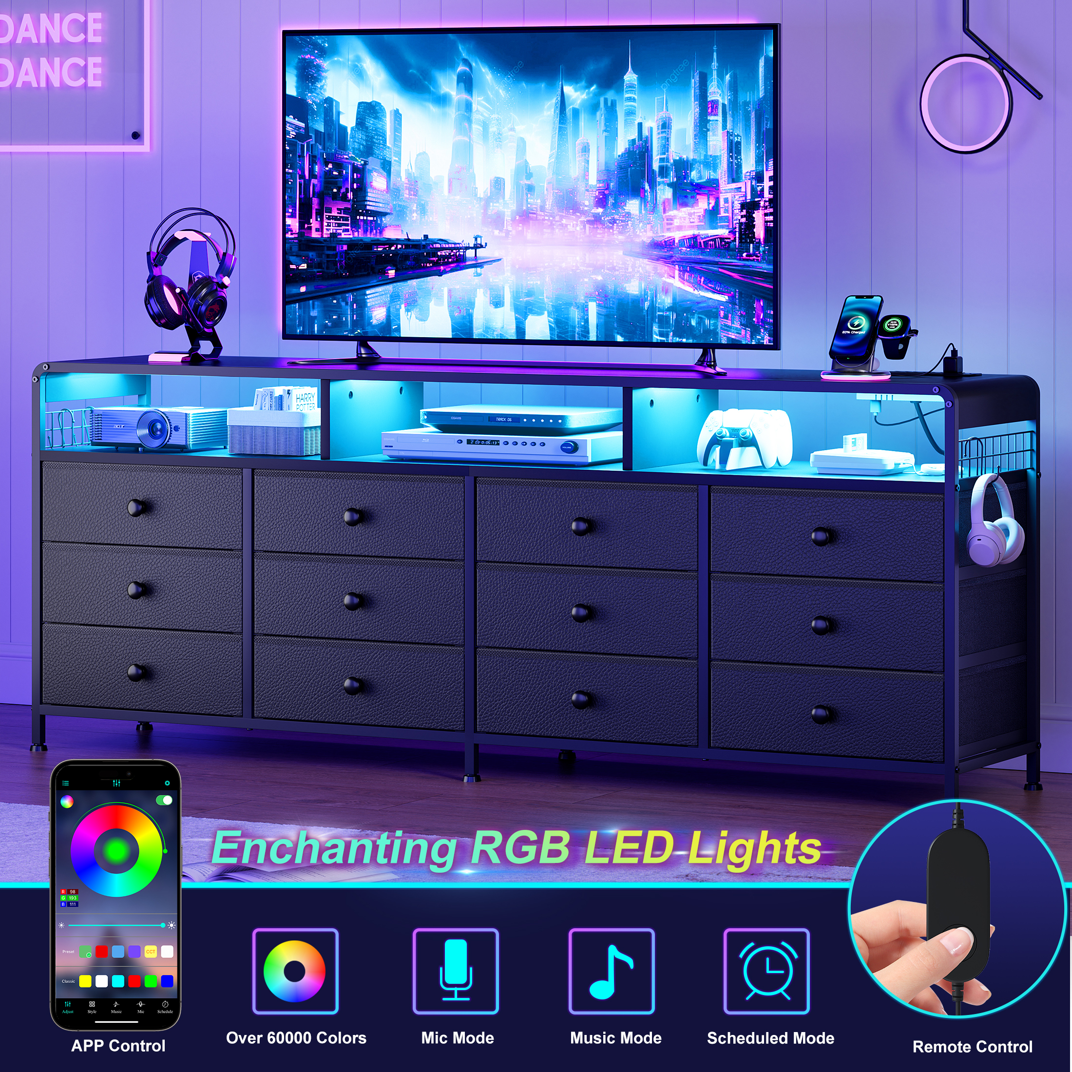 GUNAITO TV Stand with 12 Fabric Drawers and LED Lights for 75" TV photo 6