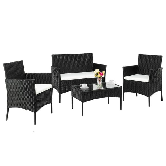OverPatio 4PCS Patio Rattan Furniture Set Cushioned Sofa w/ Coffee Table Backyard, Rattan Conversation Set for Patio Deck Yard, Black
