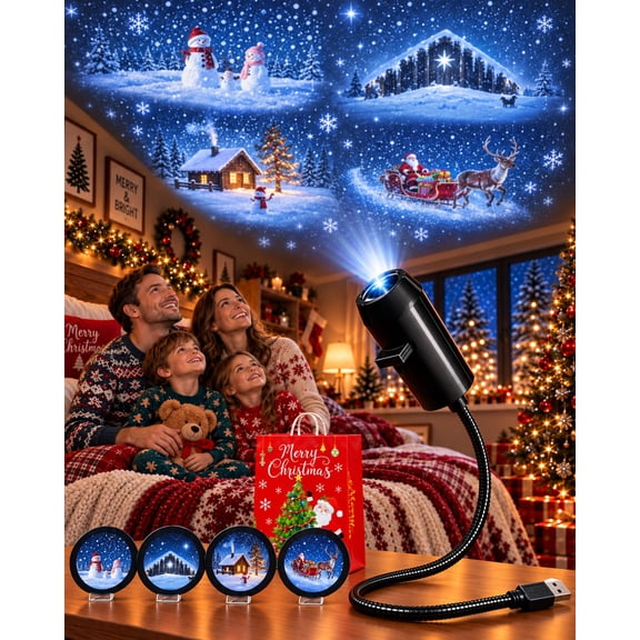 New!HD Christmas Projector, Plug-and-Play 360° Rotating 5D Holographic Night Light, 4 Festive Holiday Scenes Projection Lamp, Indoor Wall Xmas Decor Projector