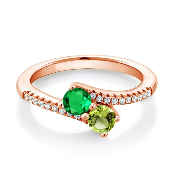 Gem Stone King 18K Rose Gold Plated Silver Green Nano Emerald and Green Peridot Bypass Ring for Women (0.84 Cttw, Gemstone May Birthstone, Round 4MM, Size 8)