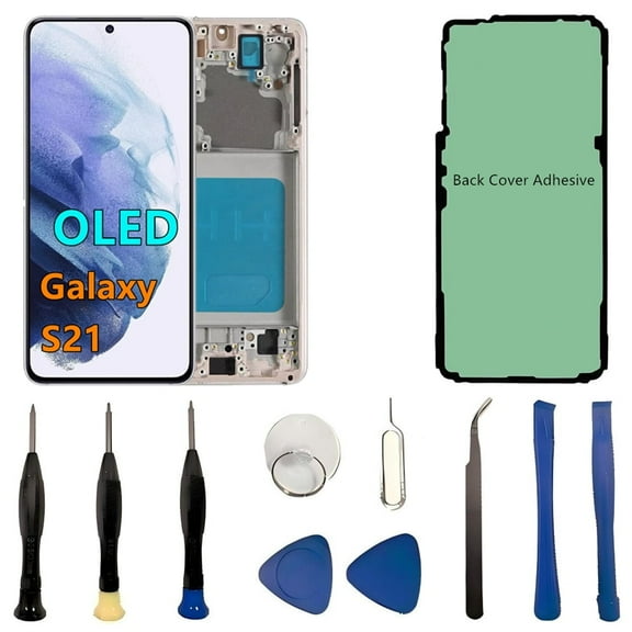 OLED Galaxy S21 LCD Screen Replacement for Samsung Galaxy S21 5G Display Touch Screen Digitizer Assembly SM-G991U SM-G991U1 Support Fingerprint. (with White Frame Back Cover Adhesive Tools)
