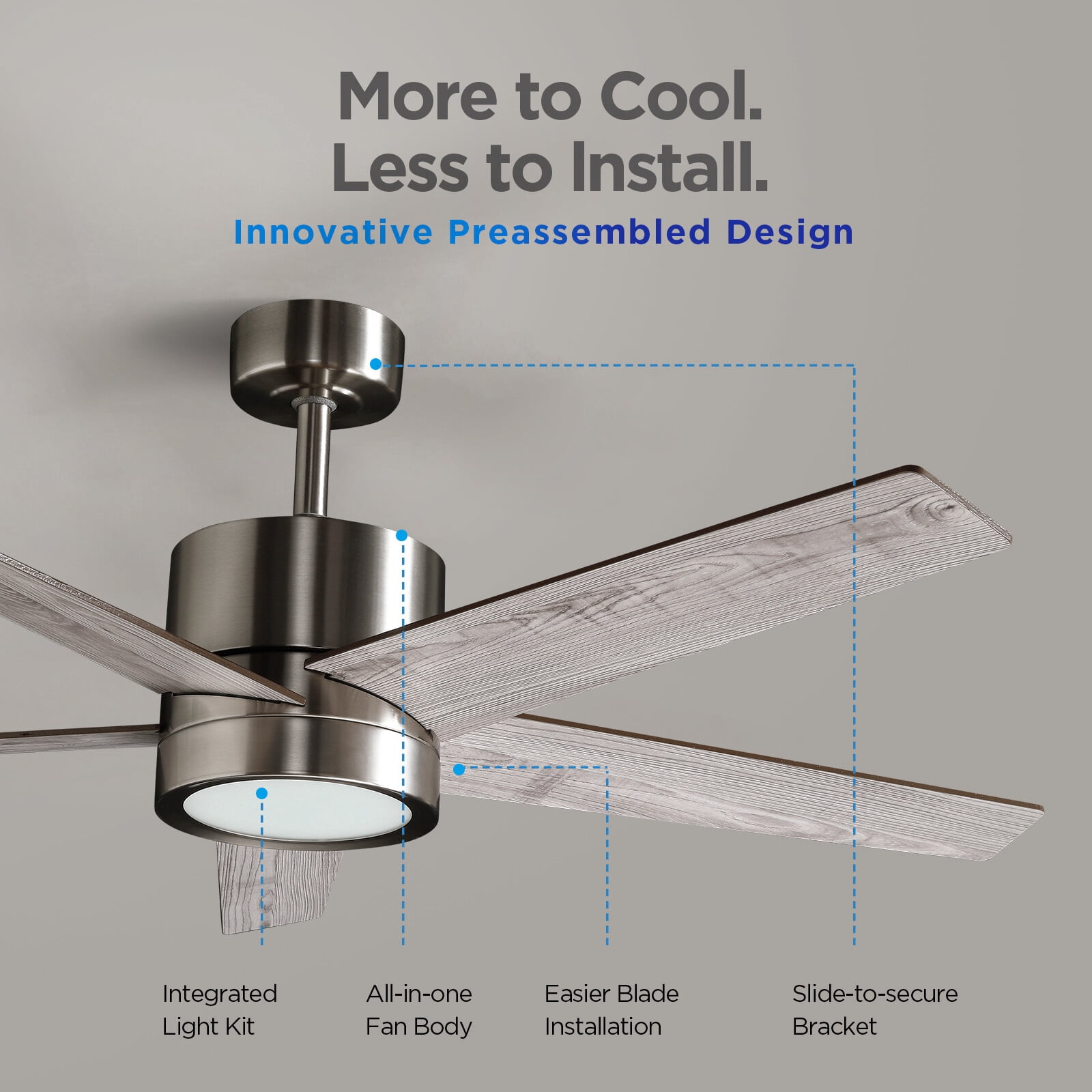 Vagizm 52-Inch Brushed Nickel Downrod Mount Modern Ceiling Fan with Light and Remote Control