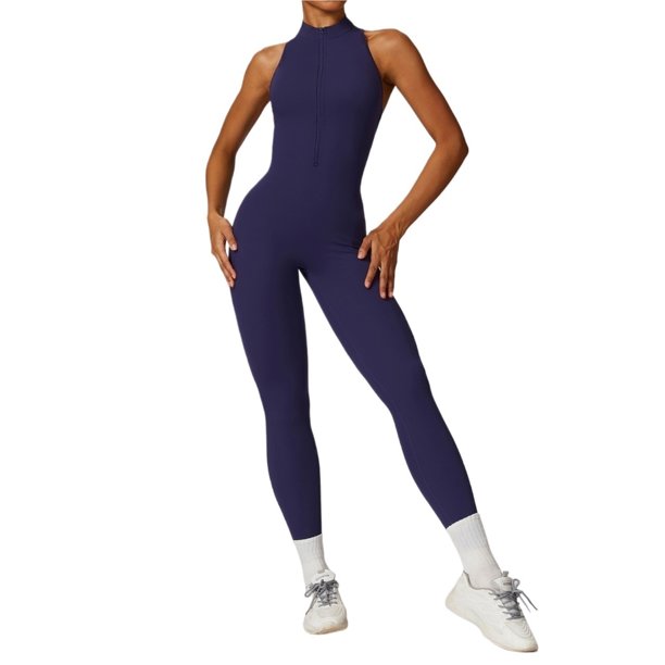 Mono de entrenamiento sin mangas for mujer con cremallera mameluco pantalones cortos V espalda Scrunch sexy mono de entrenamiento de una pieza