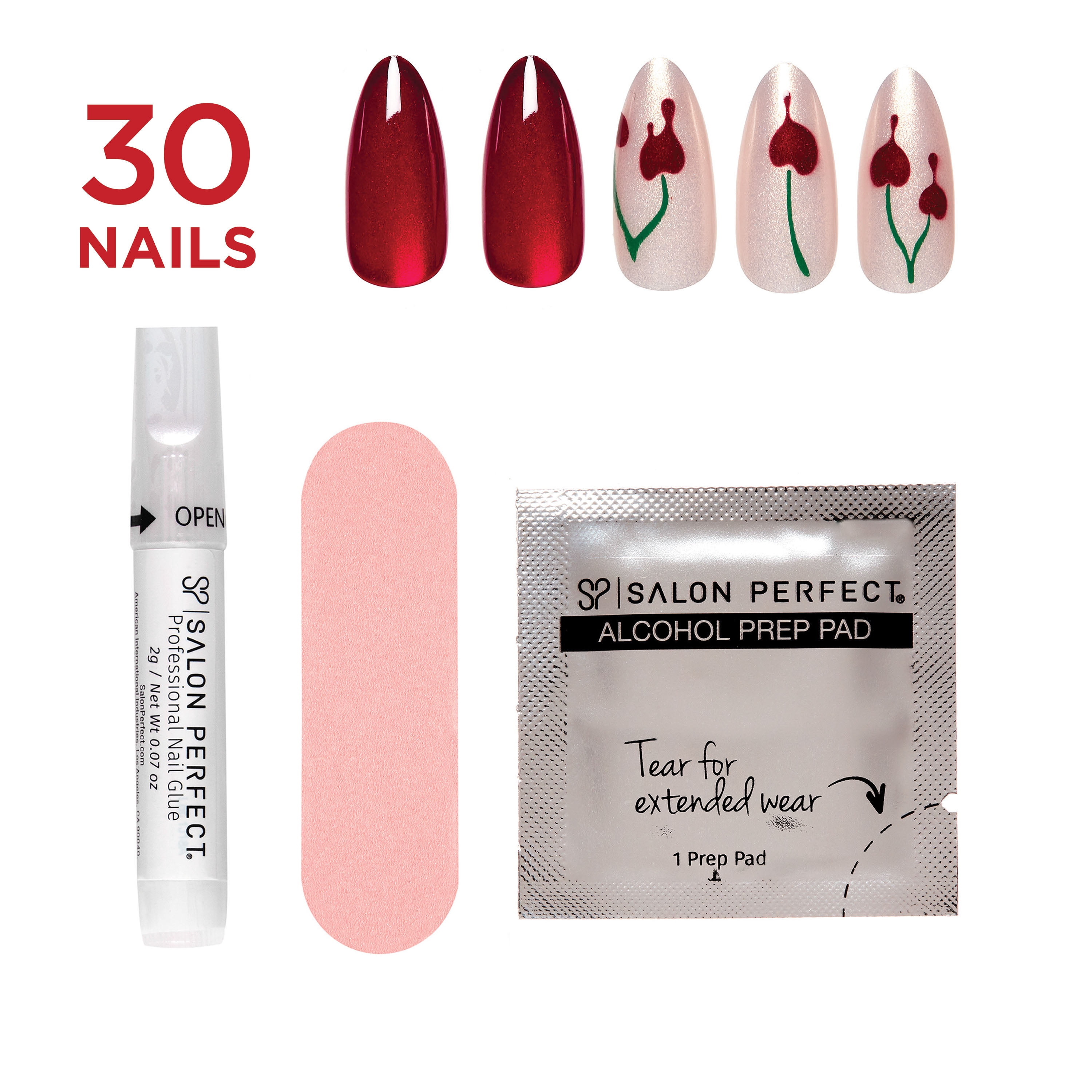Salon Perfect Halloween Thrill Medium Almond Press-On Nails with Glue & File, Cherry, 30 Pieces