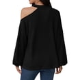 thumbnail image 3 of Jersey de punto con hombros descubiertos y hombros caídos, manga larga, cuello redondo, tejido tipo gofre, suave y suelto, para mujer, negro, L, 3 of 5