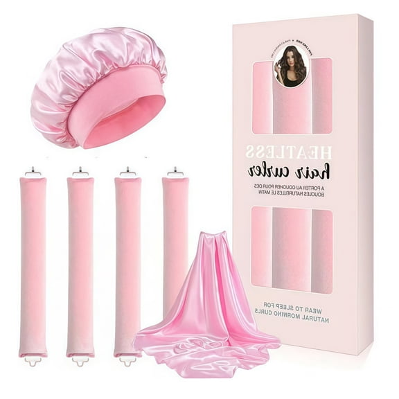 Wanfoou 4 Pack Jumbo Heatless Curlers, Soft Velvet Overnight Hair Rollers to Sleep In - No Heat Flexi Rods for All Hair Types, Includes Satin Scarf Amd Sleep Cap (Pink)