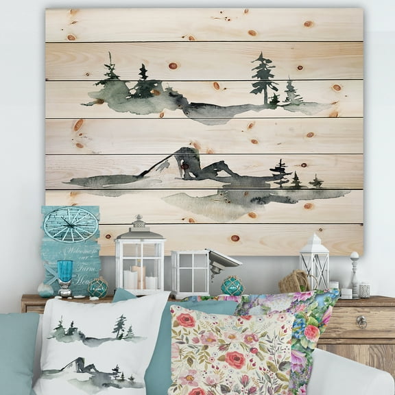 Designart 'Trees With Winter Dark Blue Mountain Landscape I' Modern Print on Natural Pine Wood