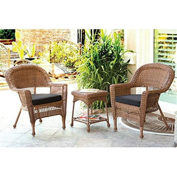 Jeco 3 Piece Wicker Conversation Set in Espresso with Black Cushions