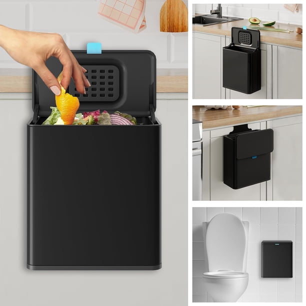 Bote de basura colgante de acero inoxidable con tapa y cubo interior, bote de compost de cocina de 2 galones para encimera, debajo del fregadero o montaje en pared, bote de basura pequeño