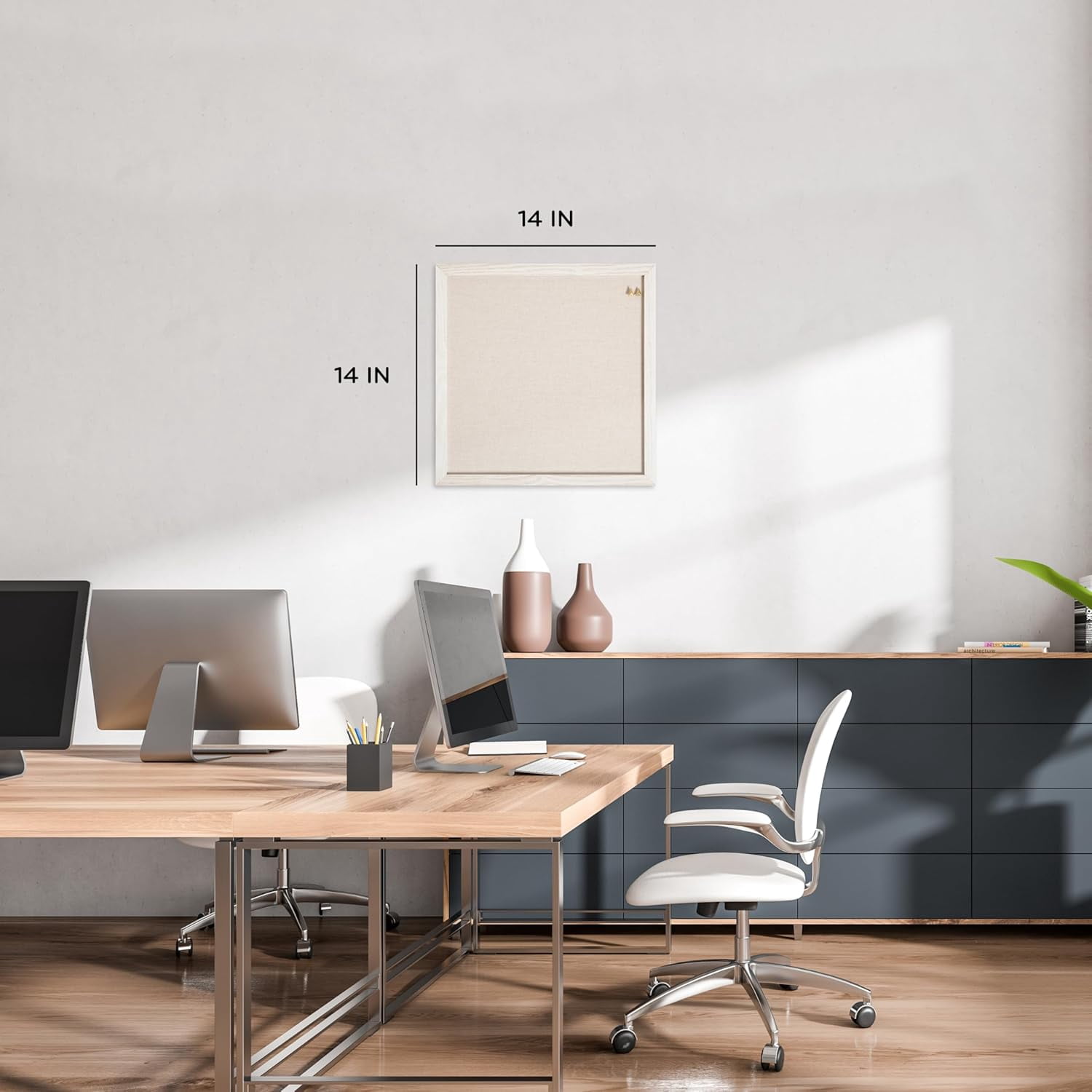 Rustic Linen Bulletin Board, 14" x 14", White Wood Style Frame, Industrial Grade Pinning Surface, Includes Push Pins