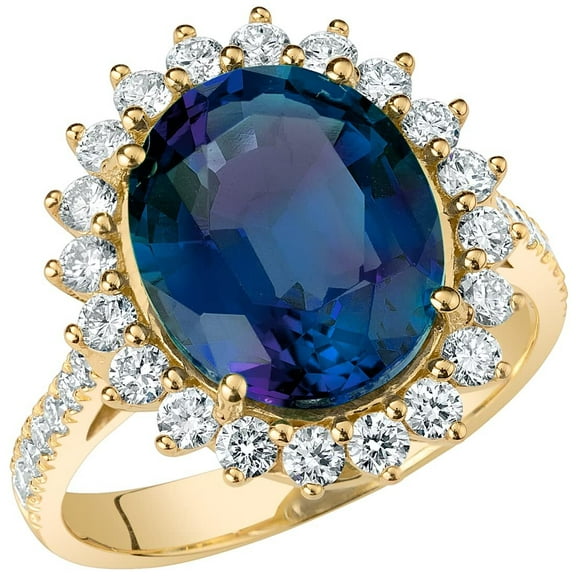PEORA 6.75 Carats Created Alexandrite Lab Grown Diamond Ring in 14K Yellow Gold, Color-Changing Oval Shape, Size 8.5