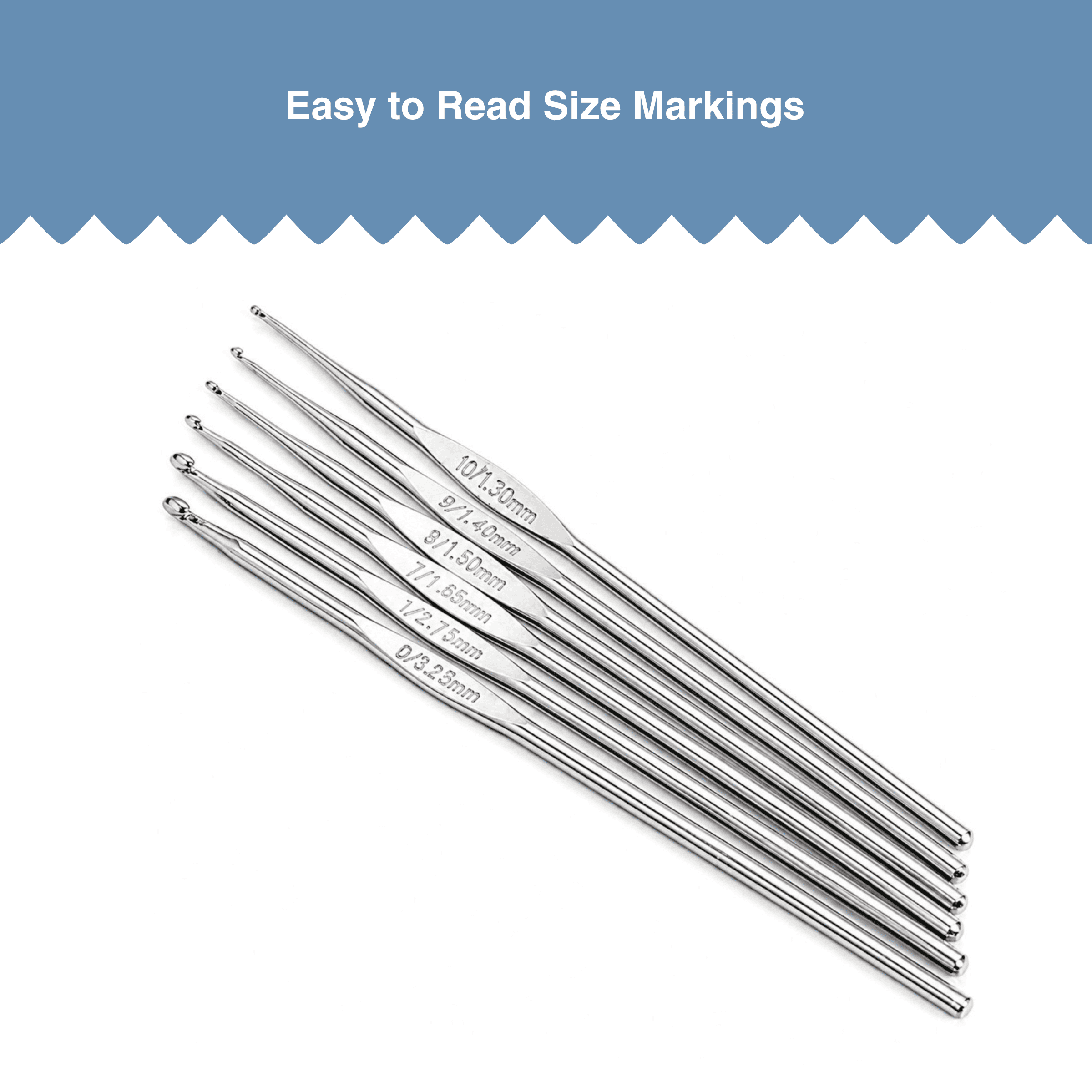 Hello Hobby Steel Crochet Hooks, Sizes 0, 1, and 7-10, 6-Piece Set