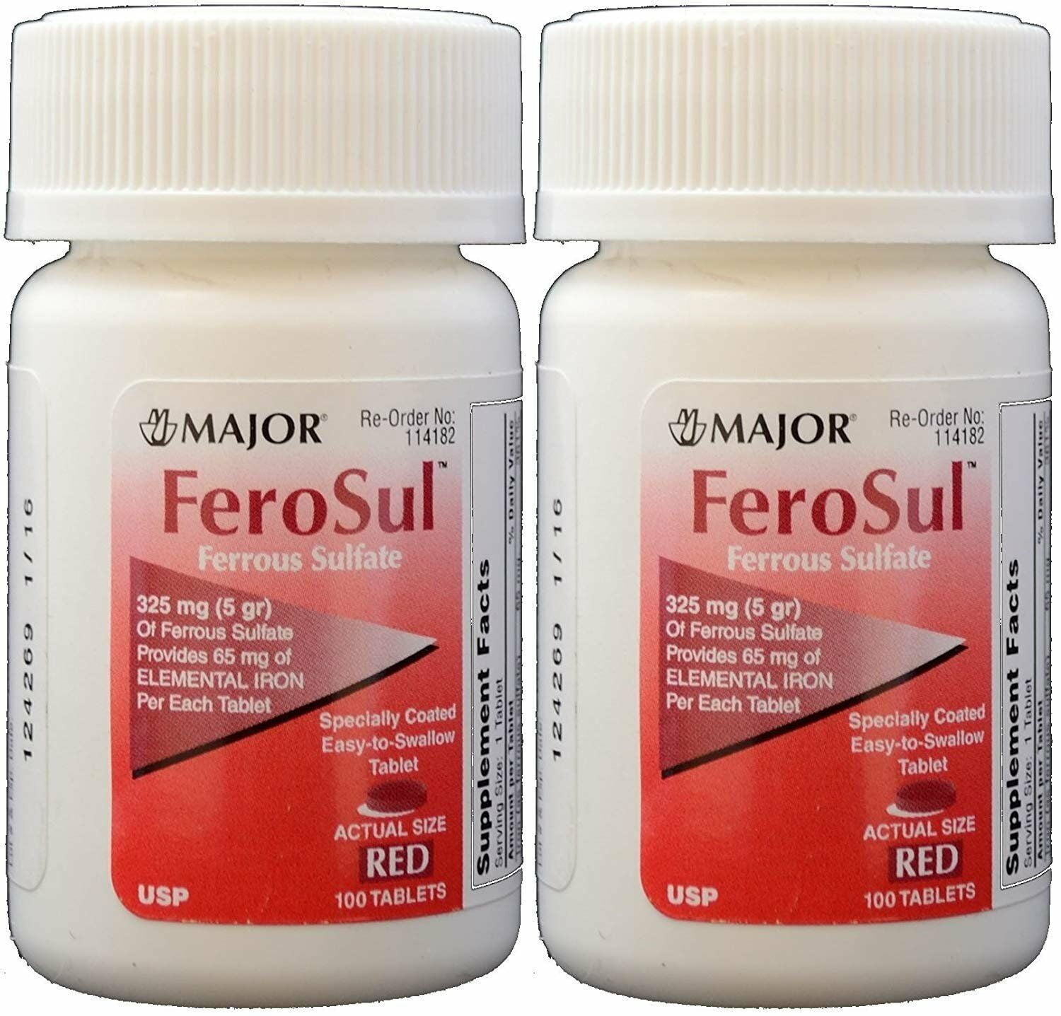 Major Ferosul Ferrous Sulfate 325mg Iron Supplement Blood Health 100ct 2 Pack
