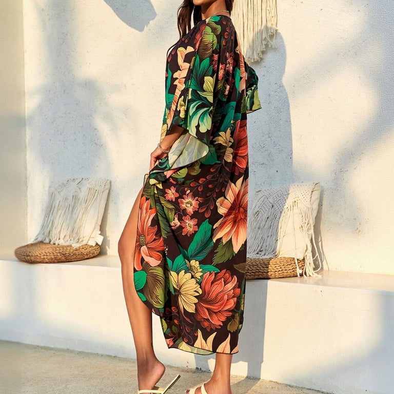 kimono dress beach cover up Jatrosc Plus Size V Neck Kimono Beach Cover Up Printed 2026 Summer Dresses for Women Long Sleeve Flowy Maxi Robe Resort, Women's, Size: Free Size