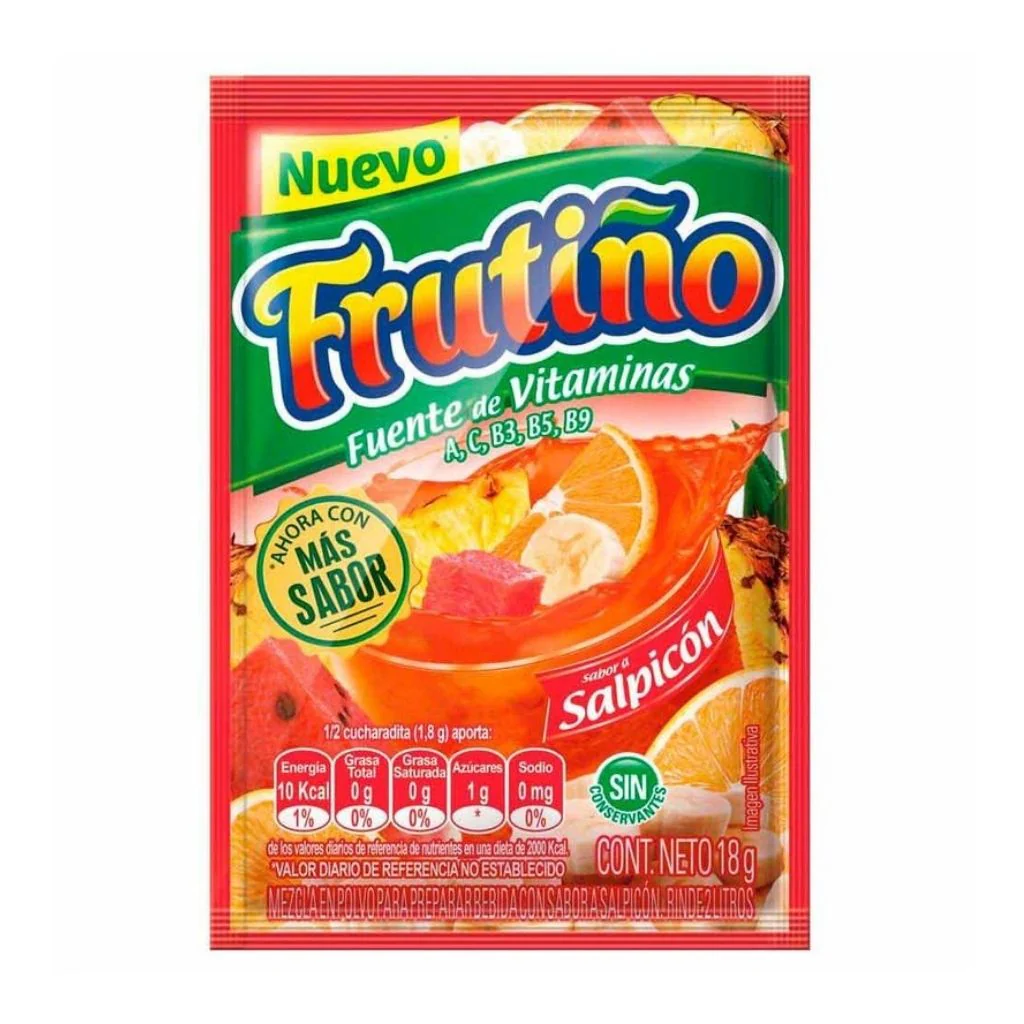 FRUTIÑO Fruit Punch Powdered Drink Mix (Box of 20 Pouches, Makes 2lt/Pouch) - Refresco Instantáneo SALPICON - Imported from Colombia.