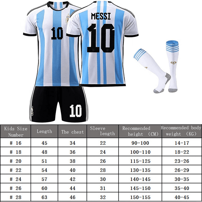 Argentina No.10 Messi Jersey (28 Yards), Argentina Soccer Jersey 2022,  Messi Shirt Short Sleeve Football Kit, Kids/Adult Soccer Fans Gifts 