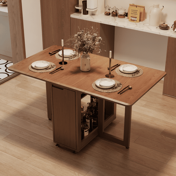 Muwuele Solid Wood Folding Dining Table, Drop Leaf Kitechen Table, Space Saving Extendable Dining Table for Living Room, 55"W, Walnut