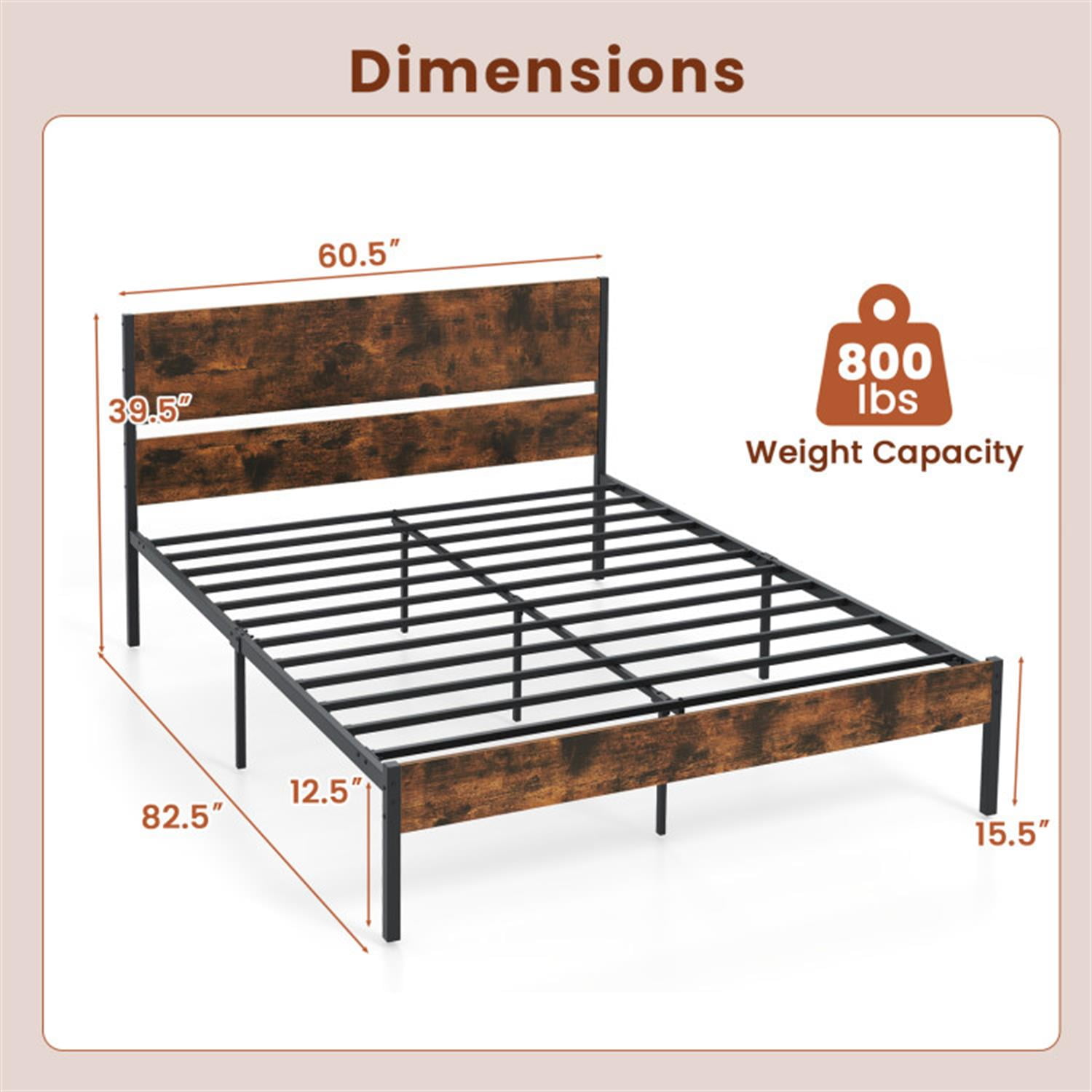 Demi Bonn Queen Size Bed Frame with Wooden Headboard and Footboard, Modern Metal Platform Bed Frame with Under Bed Storage, No Box Spring Needed, Brown