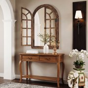 TEWLOSS Farmhouse Arched Wall Mirrors 36x24 Window Mirror Decor Wood Frame for Bathroom Bedroom, Natural