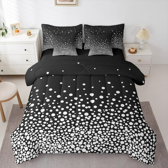 Feelyou Circle Dot Twin Bedding Sets 7-Piece for Teen, Modern Polkadots Abstract Bedding Comforter Set, Black White Geometric Reversible Sheet Sets, Breathable Home Decor