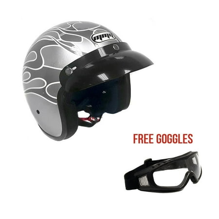 Small Snap - Motorcycle Cruiser 3/4 Shell Open Face Helmet Snap On Visor – Metallic Silver w/Flames (Small) + Free Goggles