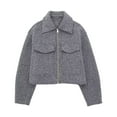thumbnail image 3 of Women's Wool Blend Lapel Zip Up Crop Jacket - Long Sleeve Solid Color Outerwear with Pockets, 3 of 3