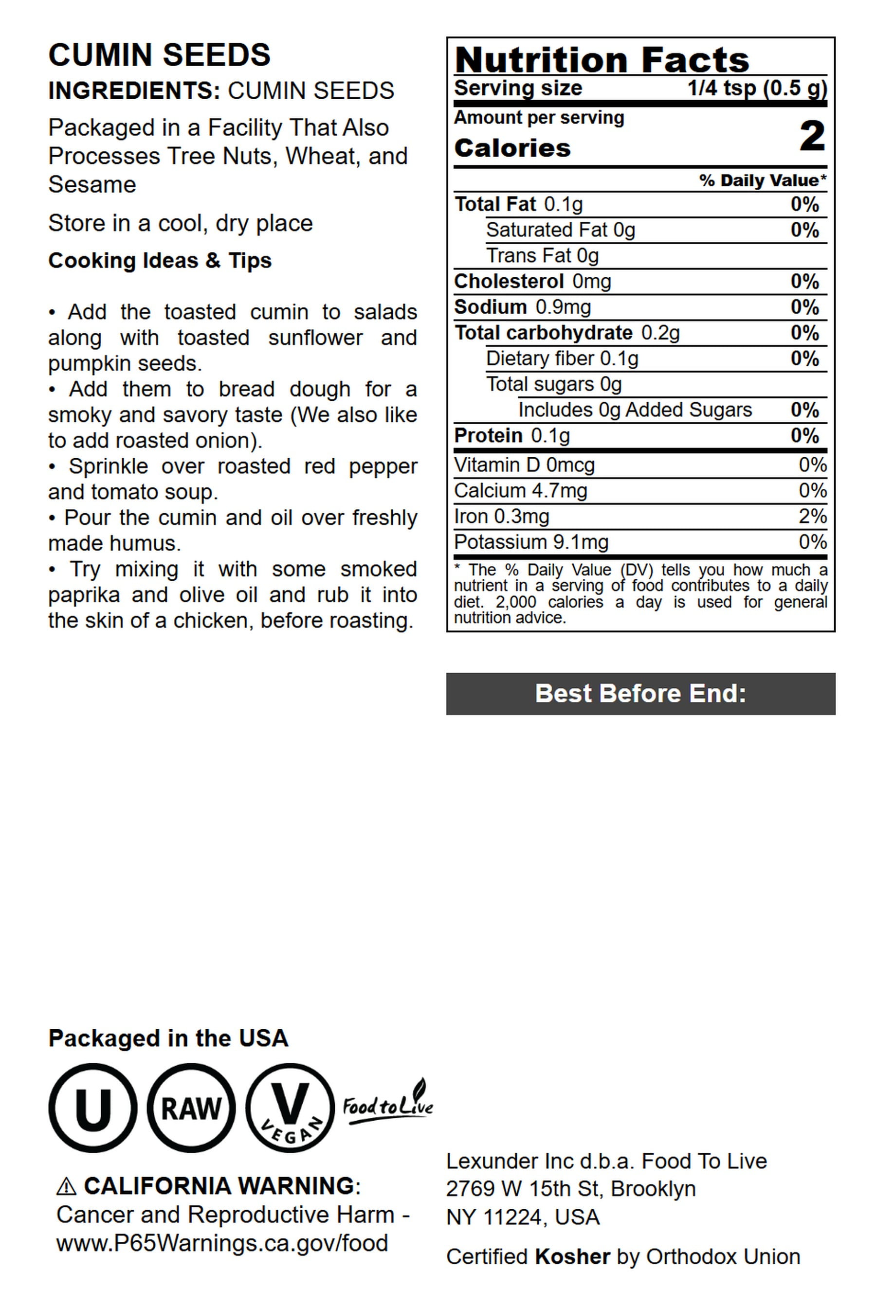 Cumin Seeds, 12 Pounds — Kosher, Raw, Vegan — by Food to Live