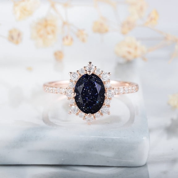 Vintage Oval Cut Blue Sandstone Halo Diamond Engagement Ring- 14K Rose Gold Vermeil- Sandstone Quartz Floral Promise Ring