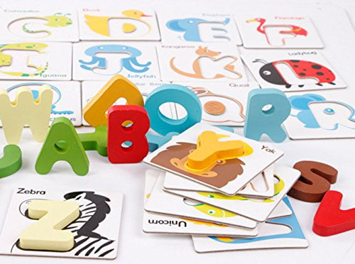 Kolamom Baby Flash Cards Animals Wooden Jigsaw Puzzles Alphabet Cards ABC Letter Card A to Z Educational Learning Words Cardboard Toys for Kids Toddlers Children 