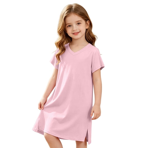 VBEWZET V Neck Short Sleeve Side Split Loose Girls Nightgown, Solid Soft Breathable Air Condition Loungewear Dress, Parent-Child Matching Pajama Outfit for Kids Pink 6-7 Years