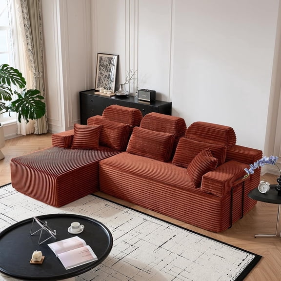 104" L-Shaped Modular Cloud Sofa, Ultra Plush Corduroy Living Room Sectional Couch with Reversible Chaise & Headrest, No Assembly, Modern Boneless Design (Orange, 104" L-Shapred Chaise)