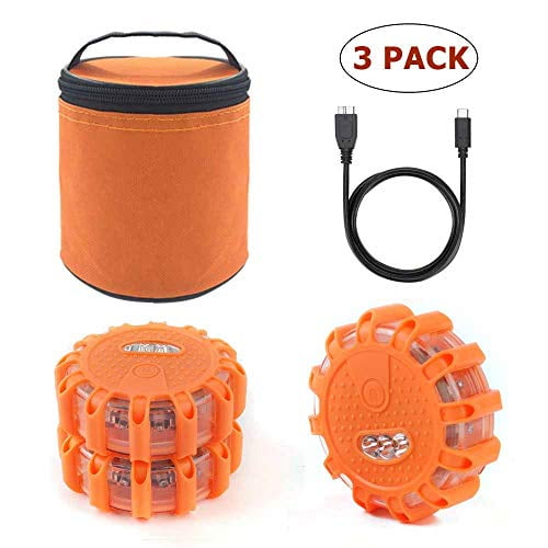 Batteries and Screw Driver Included Safety Flashing Warning Light Roadside Emergency Kit Road Disc Beacon with Magnet Base for Car Truck Boat Bike Lenmumu LED Road Flares 3 Pack 