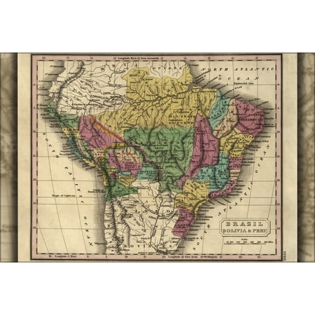 24"x36" Gallery Poster, map of Brazil, Bolivia & Peru 1829