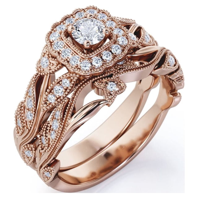 JeenMata Anillo de Filigrana de Diamantes Eduardianos con Diamantes Redondos Estilo Art Déco, Anillo de Bodas Engastado en Oro Rosa de 10 K