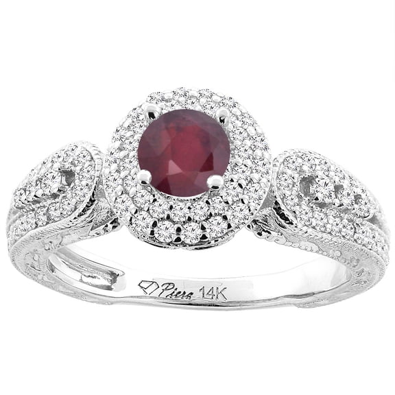 14K White Gold Enhanced Ruby & Diamond Halo Ring Round 5 mm, size 10