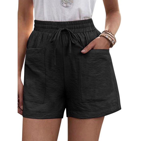 Women Comfy Drawstring Casual Elastic Waist Pure Color Shorts with Pockets Black S