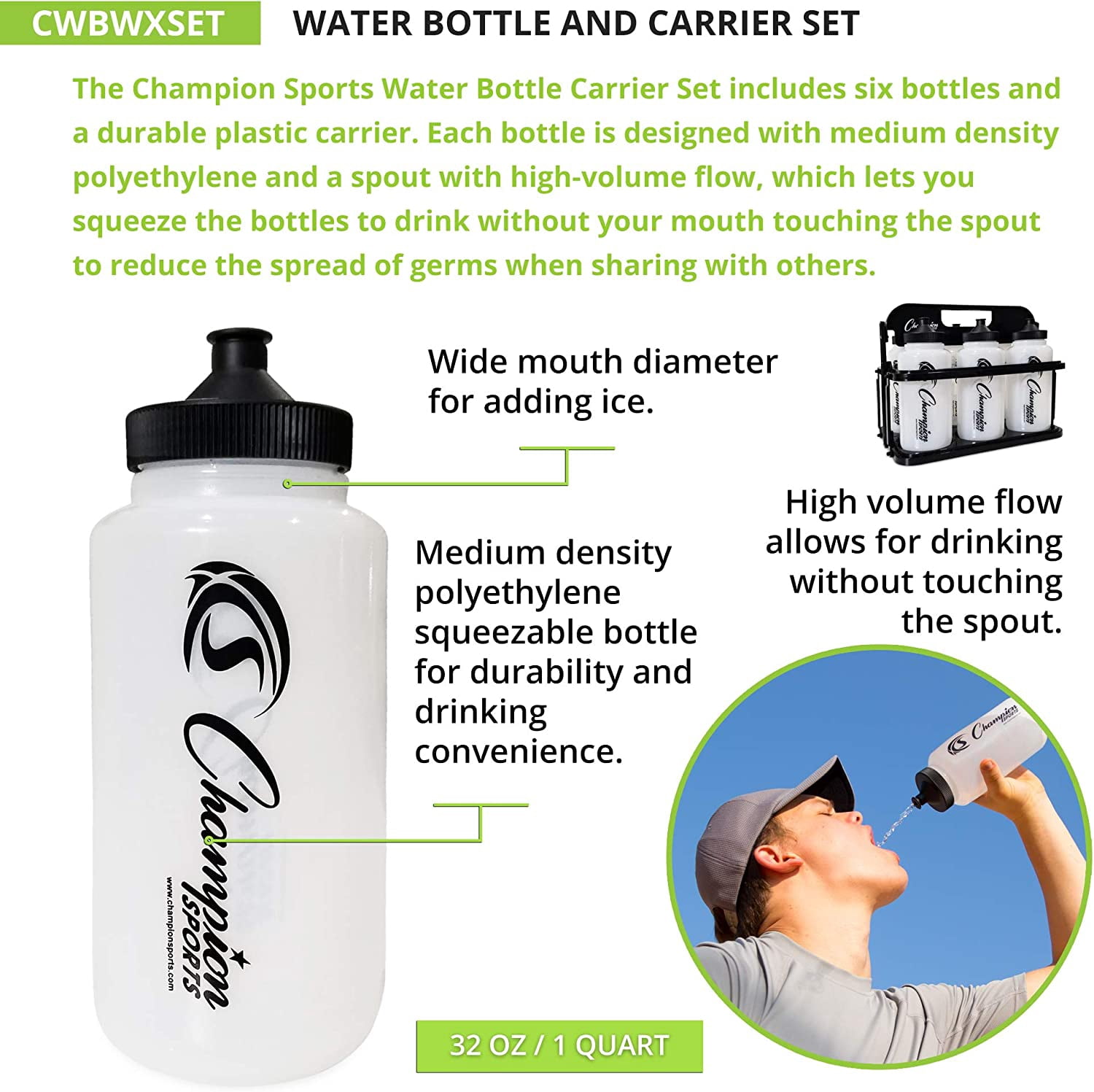 Champion Sports Plastic Water Bottle Set, Quart, Black