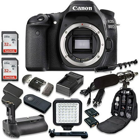 Canon EOS 80D Wi-Fi Full HD 1080P Digital SLR Camera Body Only + 2pc SanDisk 32GB Memory Cards + Battery Grip + Promotional Holiday Accessory
