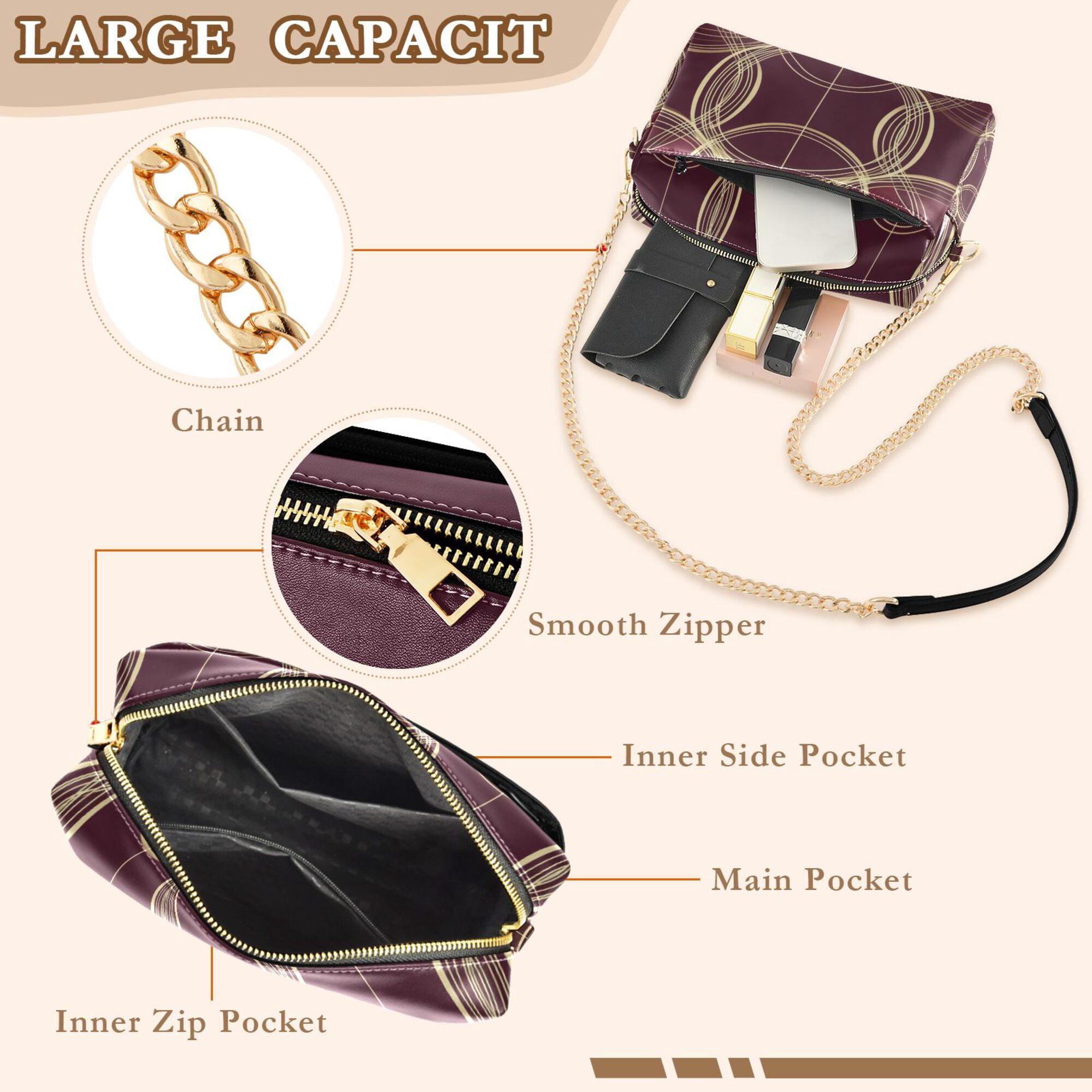 FORMRS Women Crossbody Purse with Chain Strap Vegan Leather Shoulder Handbag, Gold Abstract Pattern