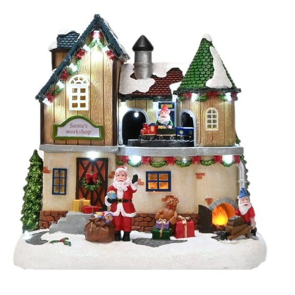 Valery Madelyn 9.4 inches Pre-Lit Musical Christmas Village, Dynamic Scenes Christmas Figurine Building House with Santa's Workshop for Holiday Table Top Decoration