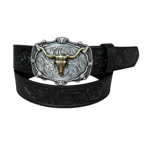 Angala Western Cowboy Belt Bull Head Big Buckle Trend Retro Youth Retro Men's Punk Leather Belt Cozy Stylish Basic Belt