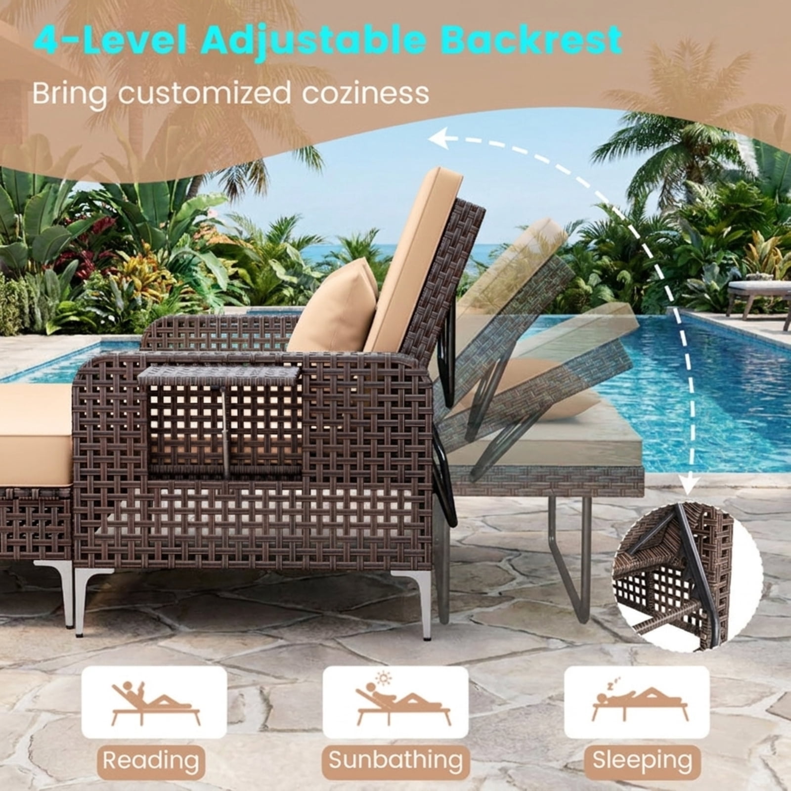 Furnibear 2 Piece Patio Rattan Daybed Outdoor Wicker Loveseat and Ottoman Set with Adjustable Backrest and Cushions for Garden Poolside Backyard, Brown