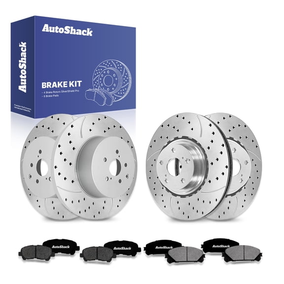 AutoShack Front Vented & Rear Solid Drilled & Slotted Silver Zinc Coated Brake Rotors   Premium Ceramic Pads 12-PC Brake Kit Replacement for 2014 Toyota Highlander SilverShield Pro