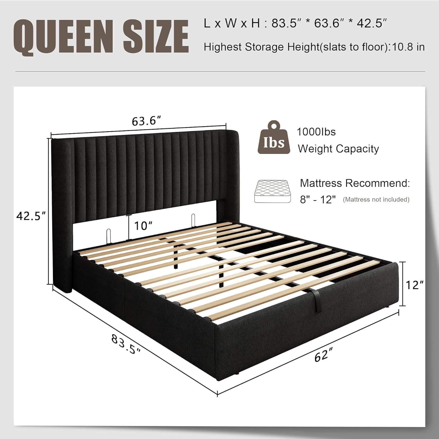 iPormis Queen Size Bed Frame with Lift up Storage & Wingback Headboard, Upholstered Linen Bed Frame with Storage, Hydraulic Storage,Dark Gray