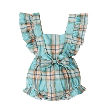 

TUOBARR Newborn Infant Baby Girls Plaid Floral Printed Bowknot Backless Romper Bodysuit Blue (3-18Months)