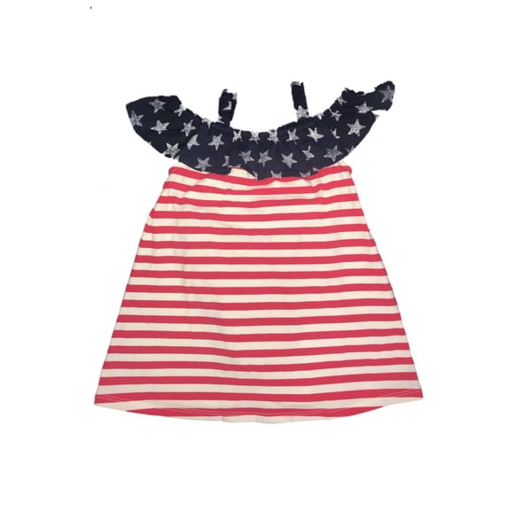 Infant Girls Red White & Blue Stars & Stripes Ruffle Neckline Patriotic Dress